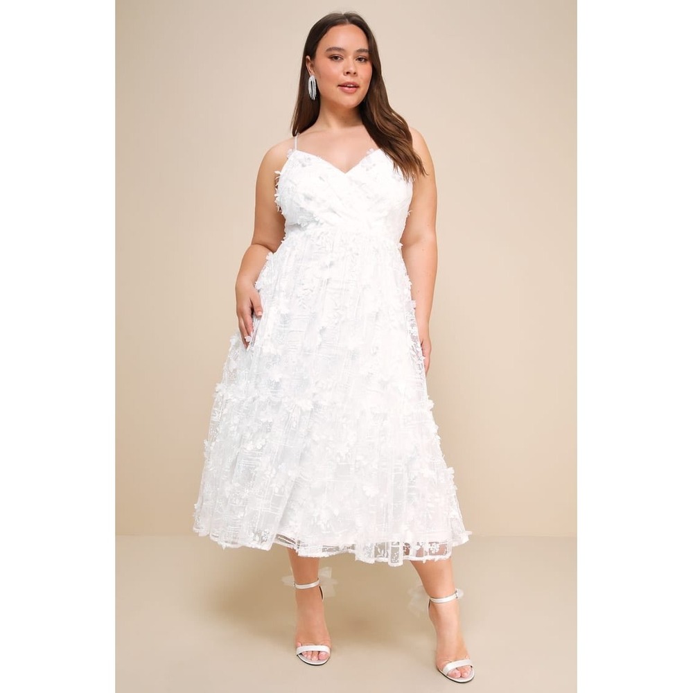 Lulus White 3D Floral Midi Dress‎ Sequin Tiered Bridal Shower L